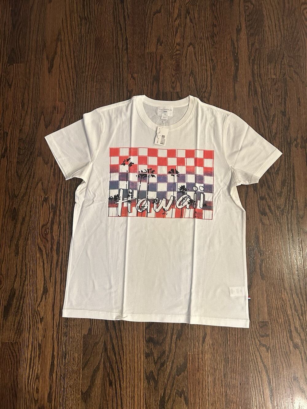 NWT Sol Angeles "Hawaii" Checkered Palm Tree White Graphic Tee M *SUN FADED*